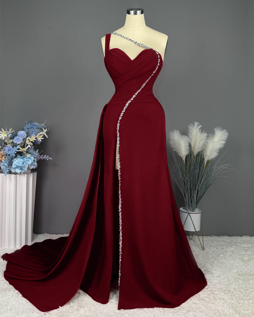 Fuchsia Evening Dress Long One Shoulder With Slit Pleated Beadings