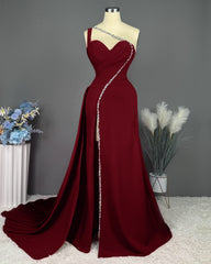 Fuchsia Evening Dress Long One Shoulder With Slit Pleated Beadings