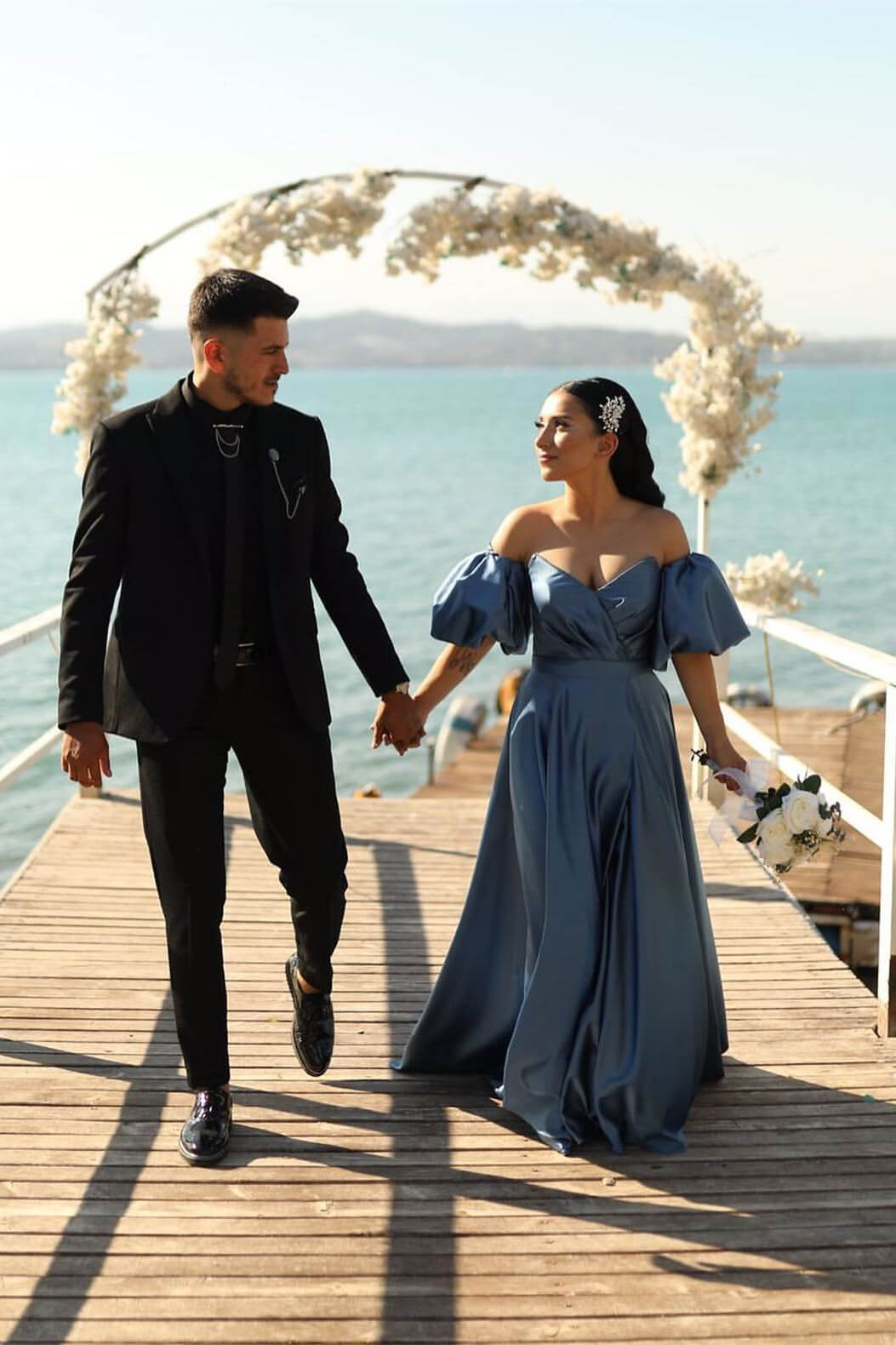 Dusty Blue Sweetheart Off-the-Shoulder Puff Sleeves Evening Dress with Front Split