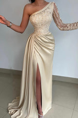 Modern One Shoulder Long Sleeve Prom Dresseses Long With Lace Slit
