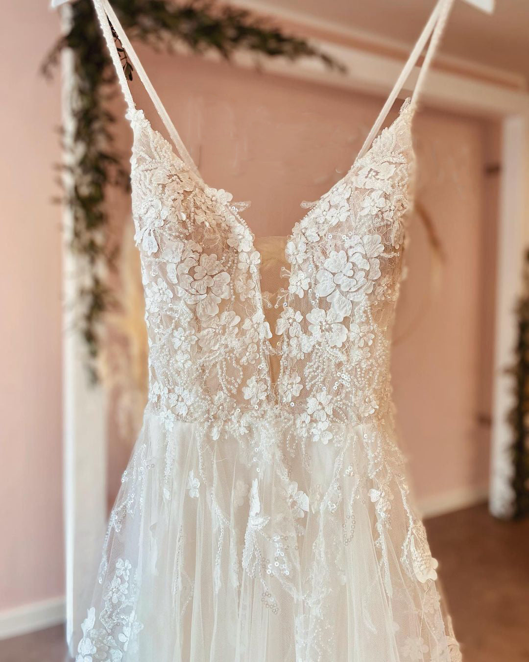 Long A-line Wedding Dress in Lace Tulle with Deep V-neck and Spaghetti-Straps Backless Design