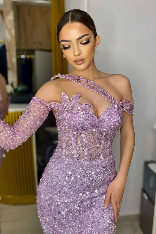 Lavender Gorgeous Long Sleeves Sequins Prom Dress Mermaid