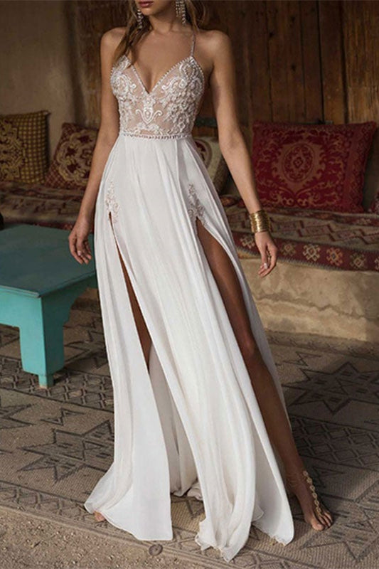 Wedding Dress with Spaghetti Straps and Split Chiffon Lace