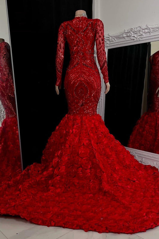 New Arrival Long Sleeves Sequins Prom Dress Mermaid V-Neck With Flowers