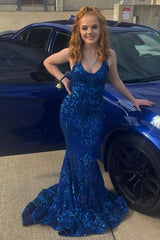 Classy Spaghetti-Straps V-Neck Sleeveless Prom Dress Mermaid Sequins Long