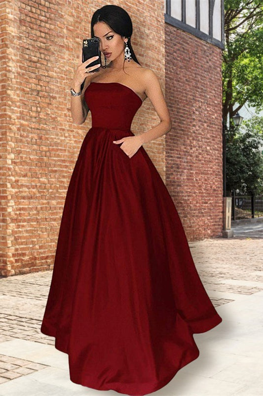 Stunning Strapless Burgundy Long Prom Dress With Pockets
