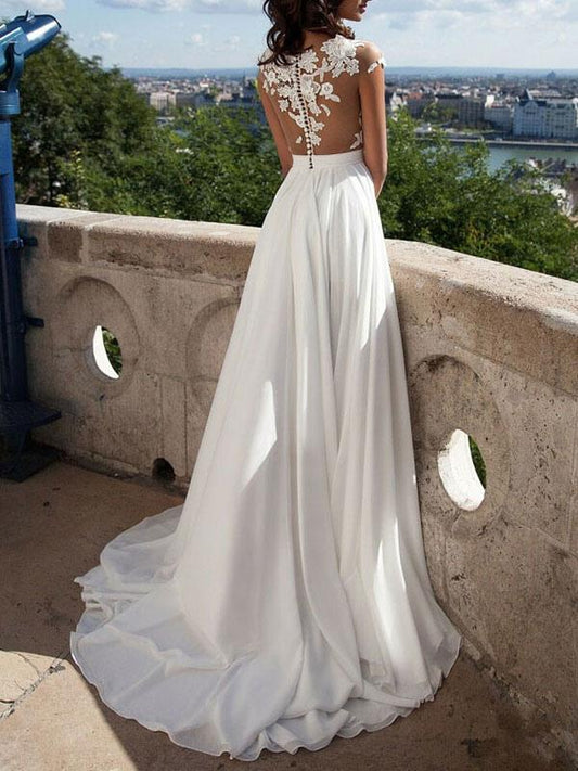 Beach Wedding Dress with Front Split and Lace Appliques