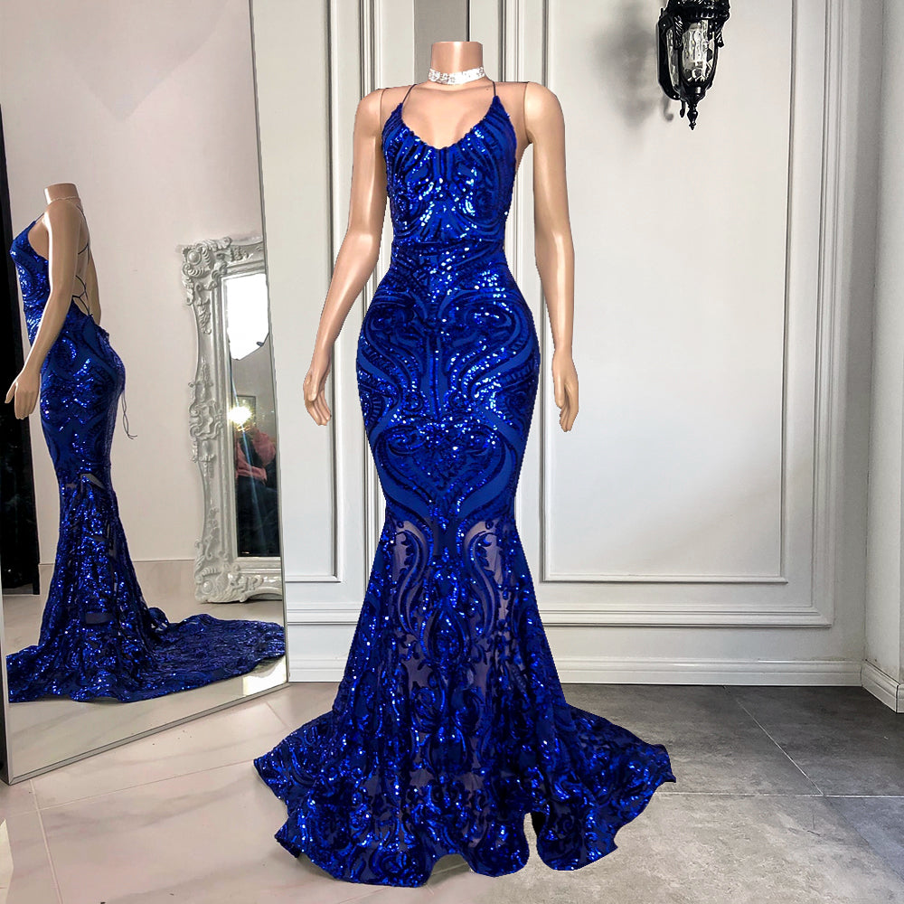 Fabulous Royal Blue Spaghetti-Straps Sequins Prom Dress Mermaid Sleeveless