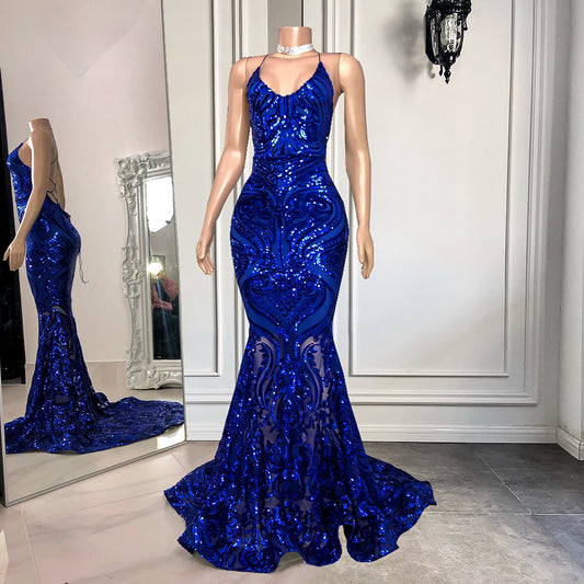 Fabulous Royal Blue Spaghetti-Straps Sequins Prom Dress Mermaid Sleeveless