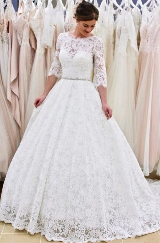 Long A-line Vintage Wedding Dress With Lace Sleeves and Backless Design