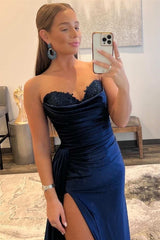 Modern Navy Blue Sweetheart Mermaid Prom Dress Pleats With Split Appliques
