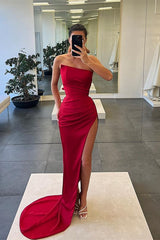 Charming Strapless Sleeveless Mermaid Prom Dress Long Split Pleated