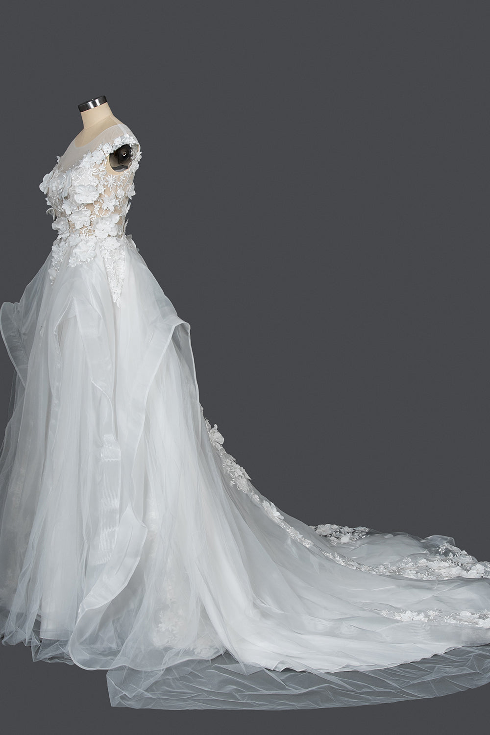Elegant Cap Sleeve Wedding Gown with Floral Appliques and Jewel Accents