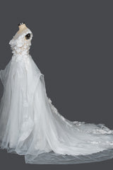 Elegant Cap Sleeve Wedding Gown with Floral Appliques and Jewel Accents