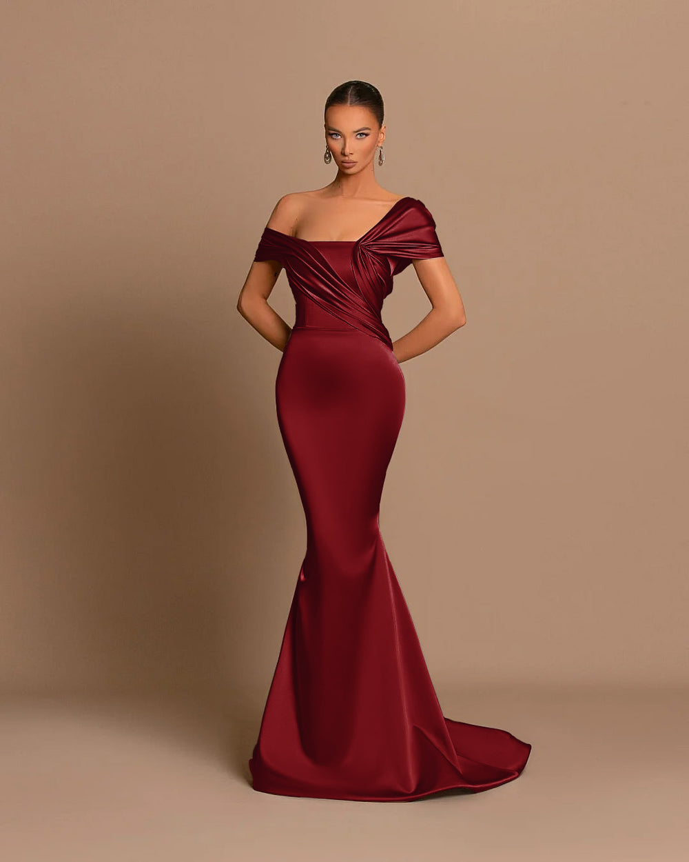 Grey Evening Dress Off-the-Shoulder Bateau Pleated Gown