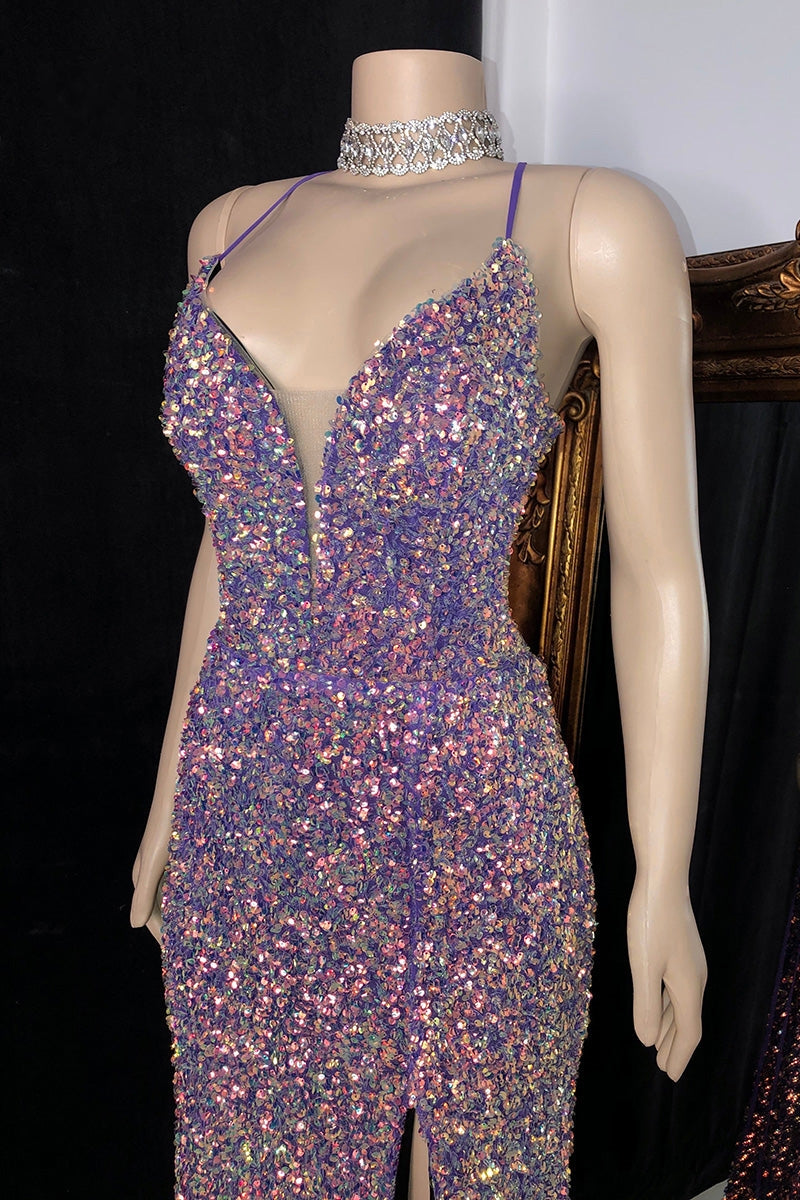 Modern Halter Sequins Mermaid Prom Dresses Sleeveless Long Split On Sale