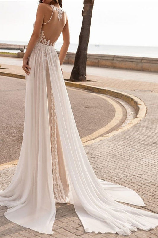 Wedding Dress with Halter Neck and Sleeveless Lace Design
