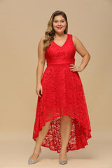 RjerStore Burgundy A-line Hi-lo V-neck Lace Dresses
