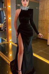 Black High Neck One Shoulder Mermaid Slit Beadings Evening Dress with Long Sleeve