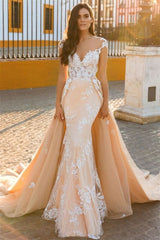 Mermaid Wedding Dress with Sweetheart Neckline, Cap Sleeves, and Lace Appliques Overskirt by Ballbellas