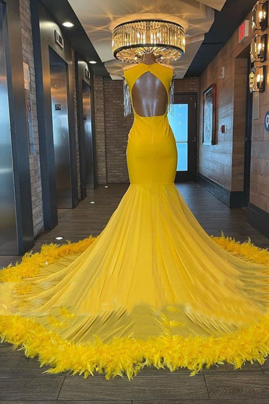 Classic Yellow Prom Dress Mermaid Long Tassels With Feather
