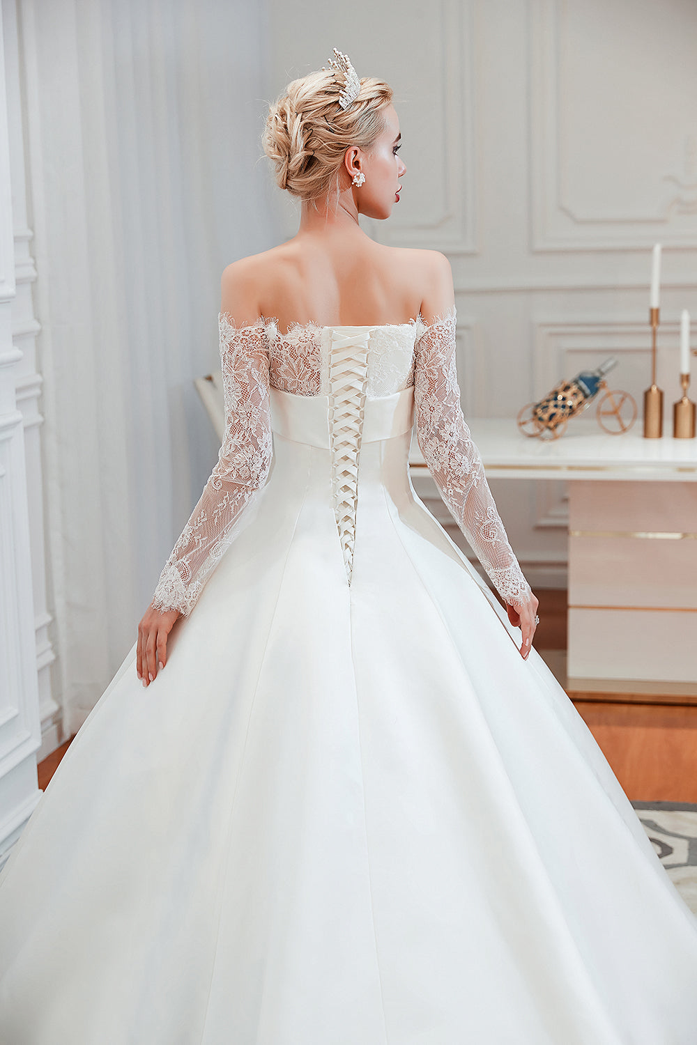 Elegant A-Line Satin Wedding Dress with Off-the-Shoulder Lace Long Sleeves