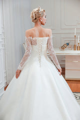 Elegant A-Line Satin Wedding Dress with Off-the-Shoulder Lace Long Sleeves