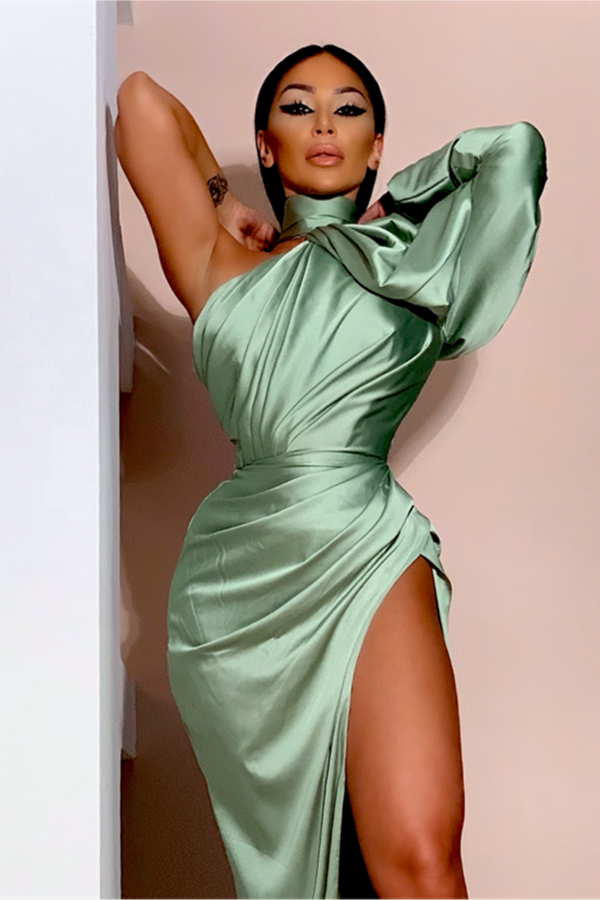 Olive Green Puffy Long Sleeves Prom Dress With Slit On Sale