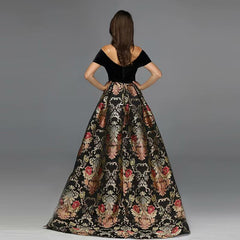 Black Off Shoulder Flowers Evening Dress Short Sleeve A line Formal Dress