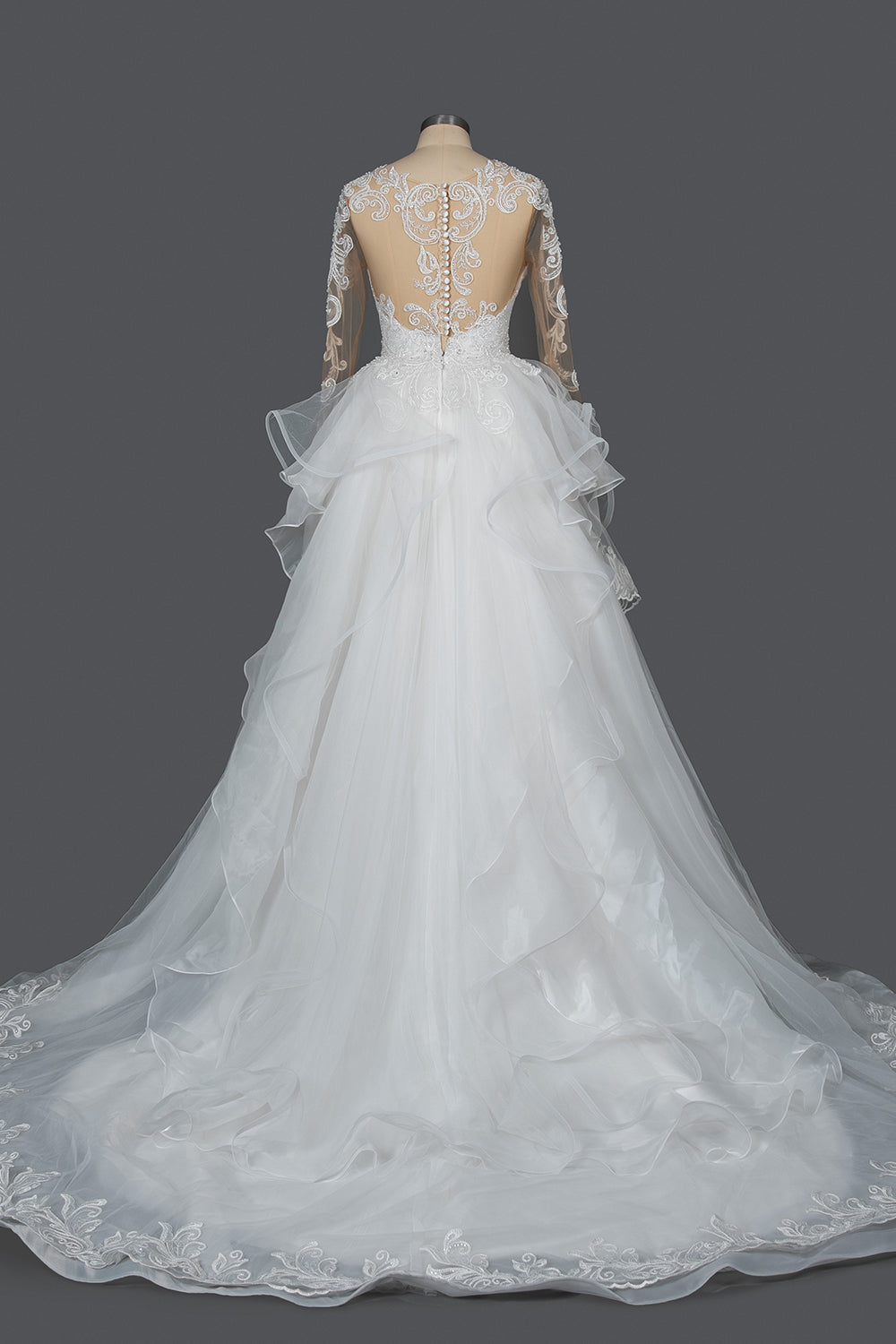 Elegant Long Sleeve Ruffled Ball Gown Wedding Dress Featuring Lace Appliques