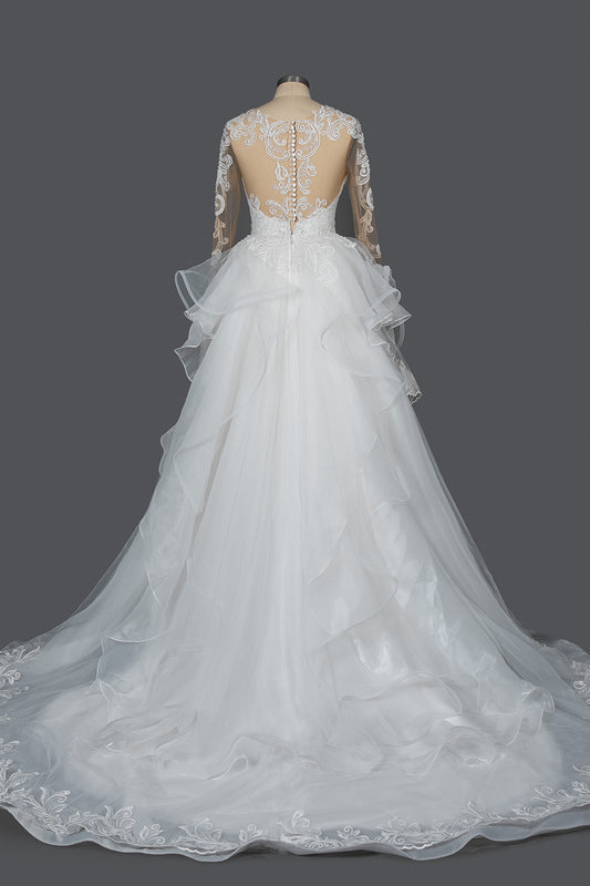 Elegant Long Sleeve Ruffled Ball Gown Wedding Dress Featuring Lace Appliques
