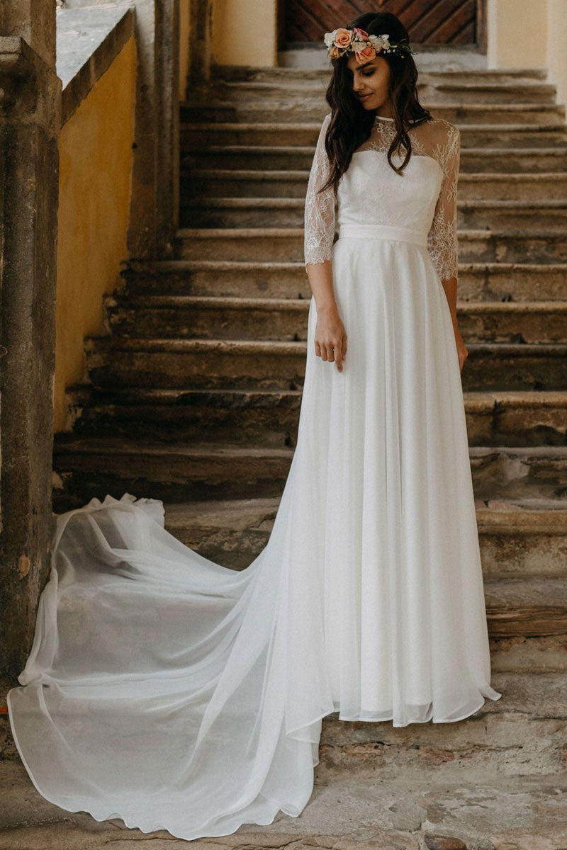 Boho Long Wedding Dress in Chiffon with Lace