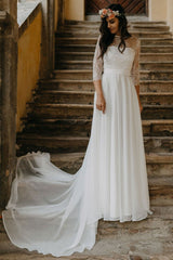 Boho Long Wedding Dress in Chiffon with Lace