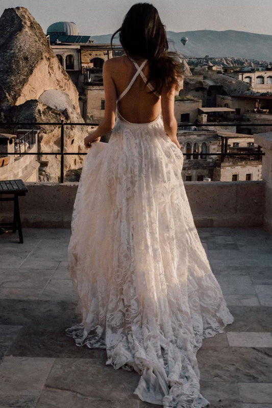 Wedding Dress with Slit and Lace Spaghetti Straps