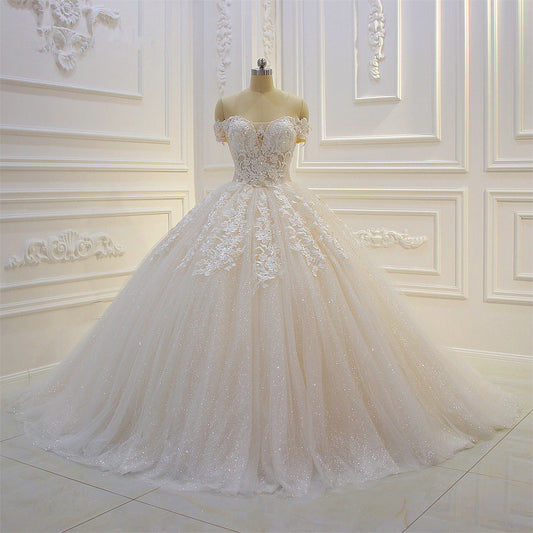 Off-The-Shoulder Sequin Sweetheart Ball Gown Wedding Dress with Lace Appliques