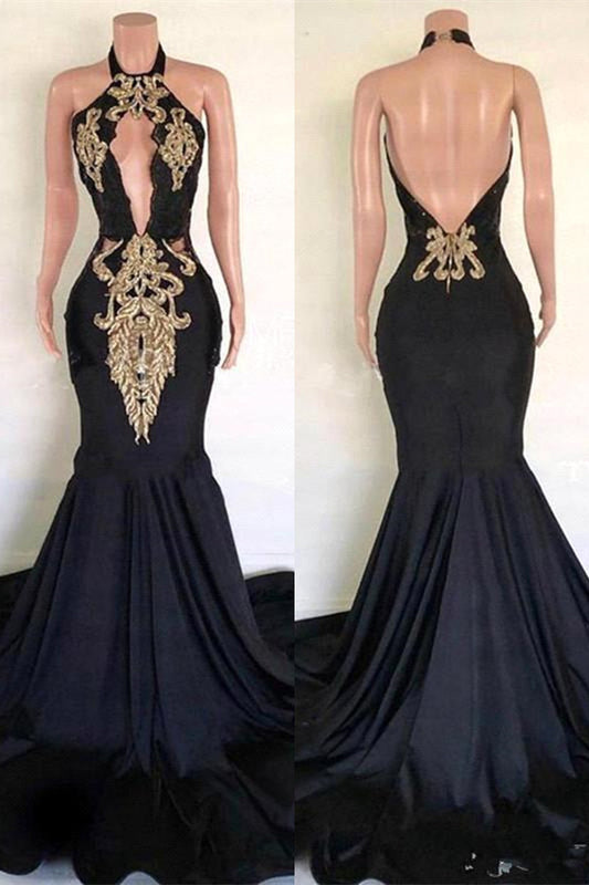Glamorous Black Backless Mermaid Prom Dress With Gold Appliques