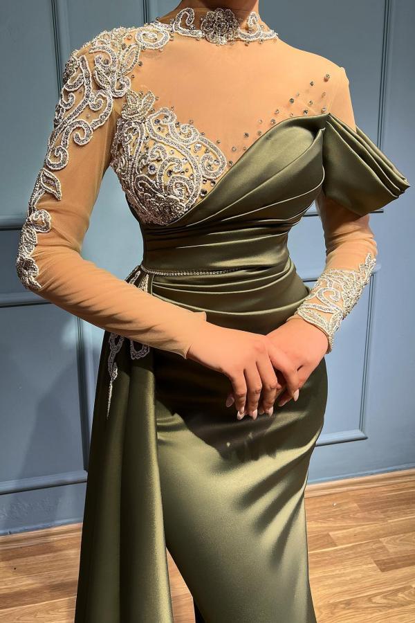 Classy High neck Long Sleeves Prom Dress Mermaid Ruffles With Applique Beads