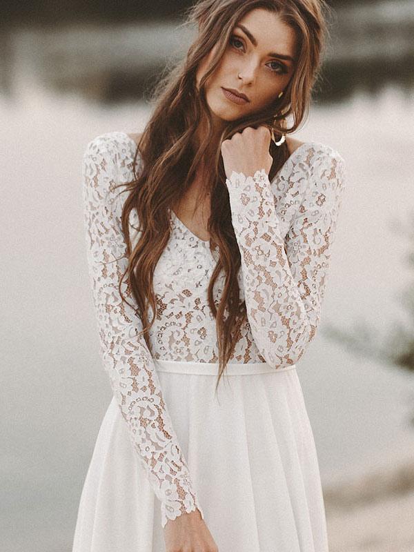 Boho Lace Wedding Dress with Long Sleeves