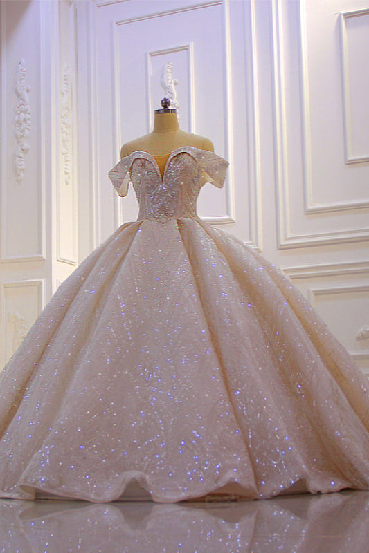 Off-The-Shoulder Satin Wedding Dress in Pink with Modest Ball Gown Ruffles and Sequins Beading