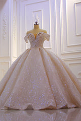 Off-The-Shoulder Satin Wedding Dress in Pink with Modest Ball Gown Ruffles and Sequins Beading