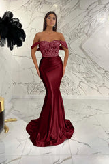 Elegant Off-the-Shoulder Mermaid Sequins Prom Dress with Beads Pleated