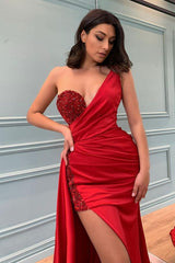 One Shoulder Red Slit Prom Dress Sequins Ruffles
