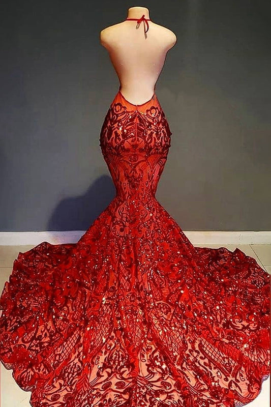 Charming Red Deep V-Neck Sleeveless Prom Dress Mermaid Sequins Long