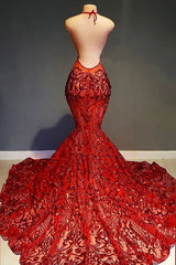 Charming Red Deep V-Neck Sleeveless Prom Dress Mermaid Sequins Long