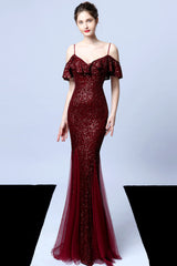 Spaghetti-Straps Mermaid Sequins Prom Dress With Ruffles