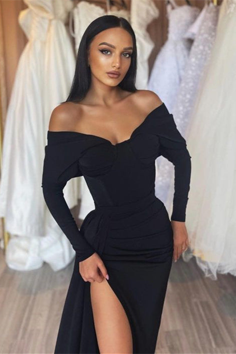 Glamorous Off-the-Shoulder Black Prom Dresseses Mermaid Long Sleeves With Slit