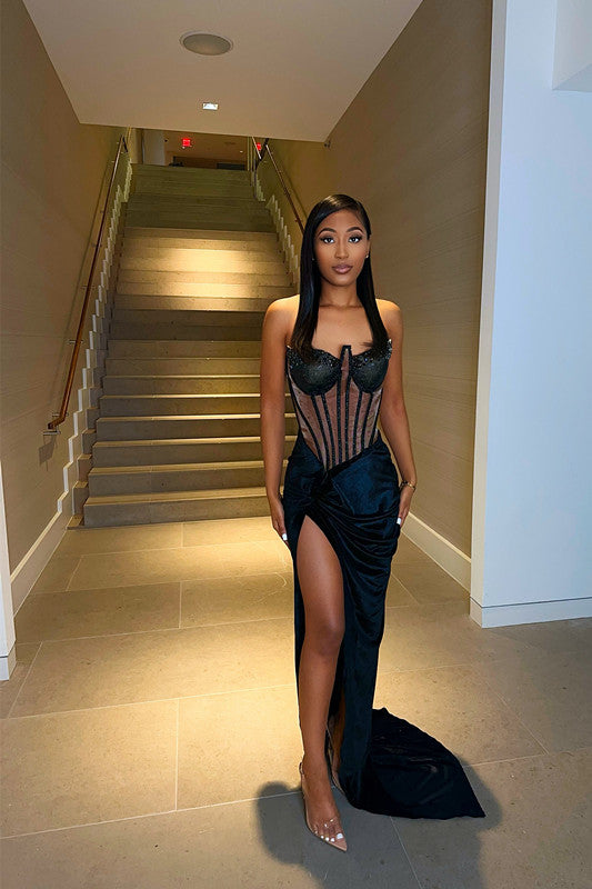 Black Evening Dress Sleeveless Strapless Mermaid Long Slit Pleated