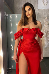 Classic Red Ruffles Prom Dress Off-the-Shoulder Pleated with Slit