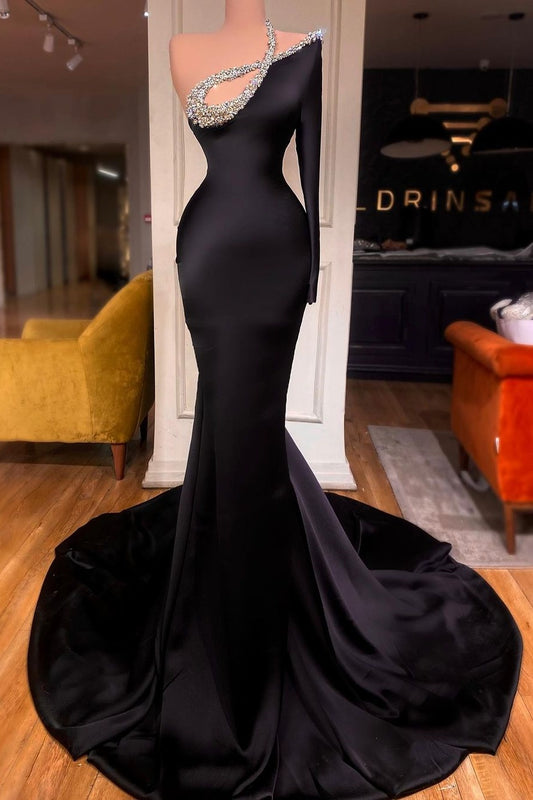 Black One Shoulder Prom Dress Mermaid with Beads