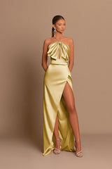 Chic Pink Evening Dress Sleeveless Strapless with Side Slit Pleated